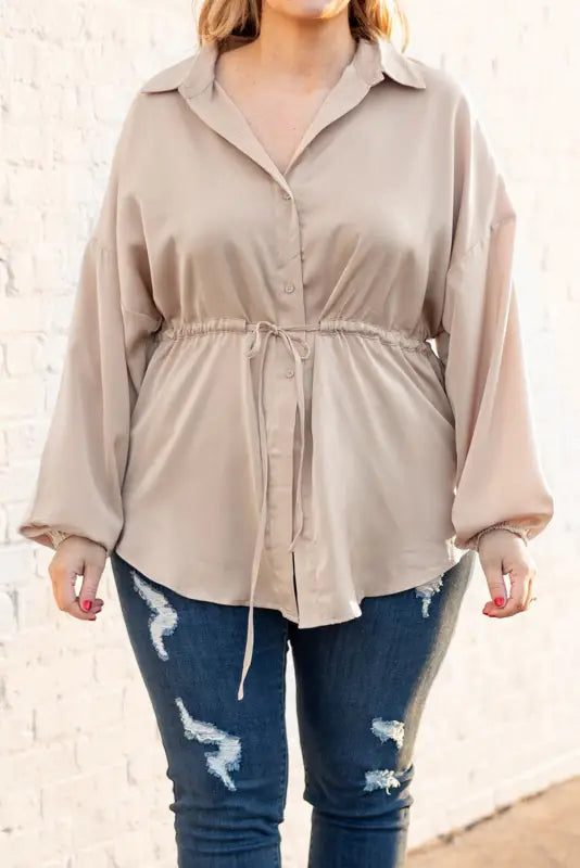 Flaxen plus size puff sleeve tied tunic shirt - 1x / 100% polyester