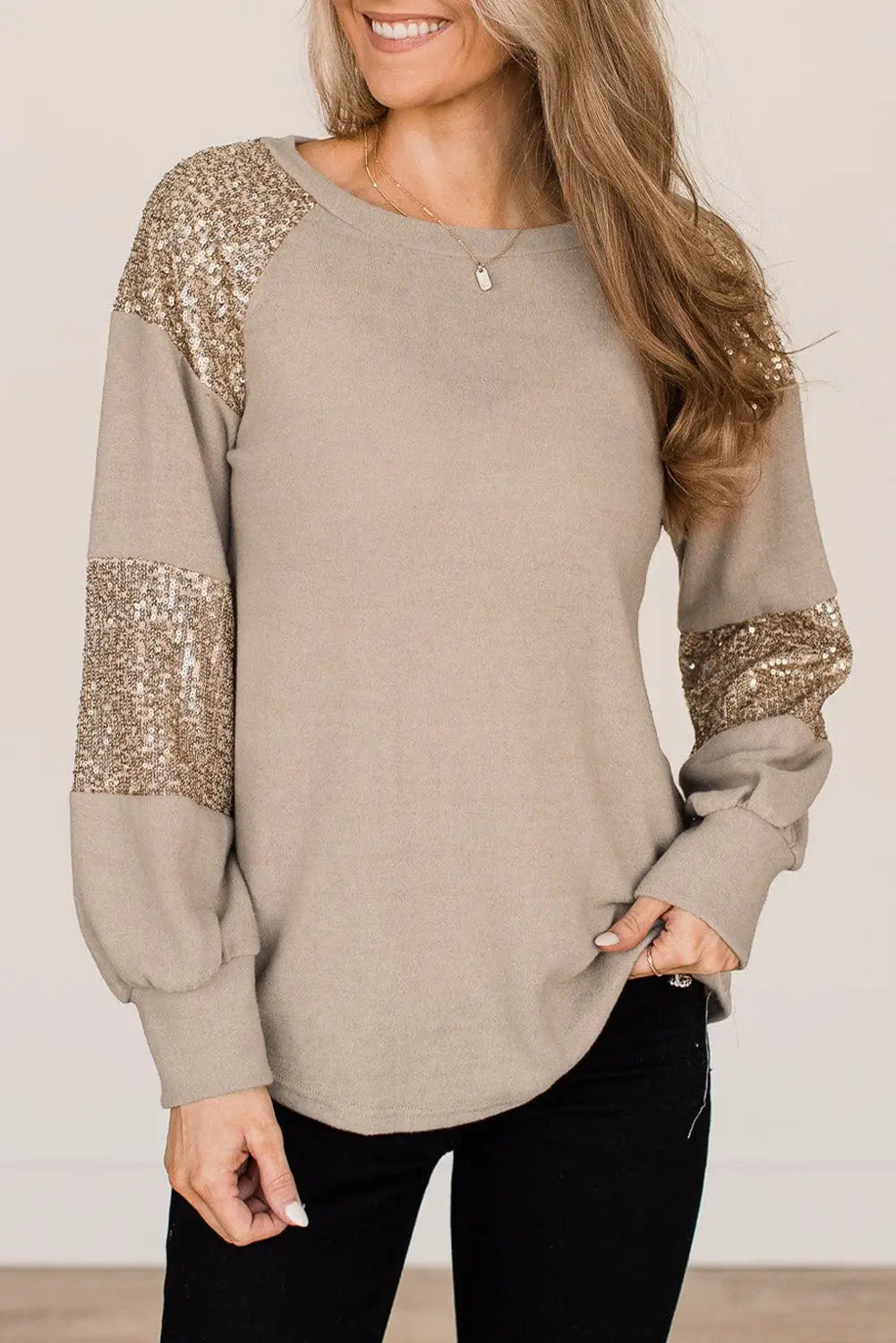Flaxen sequin patched long sleeve top - s / 90% polyester + 10% elastane - tops