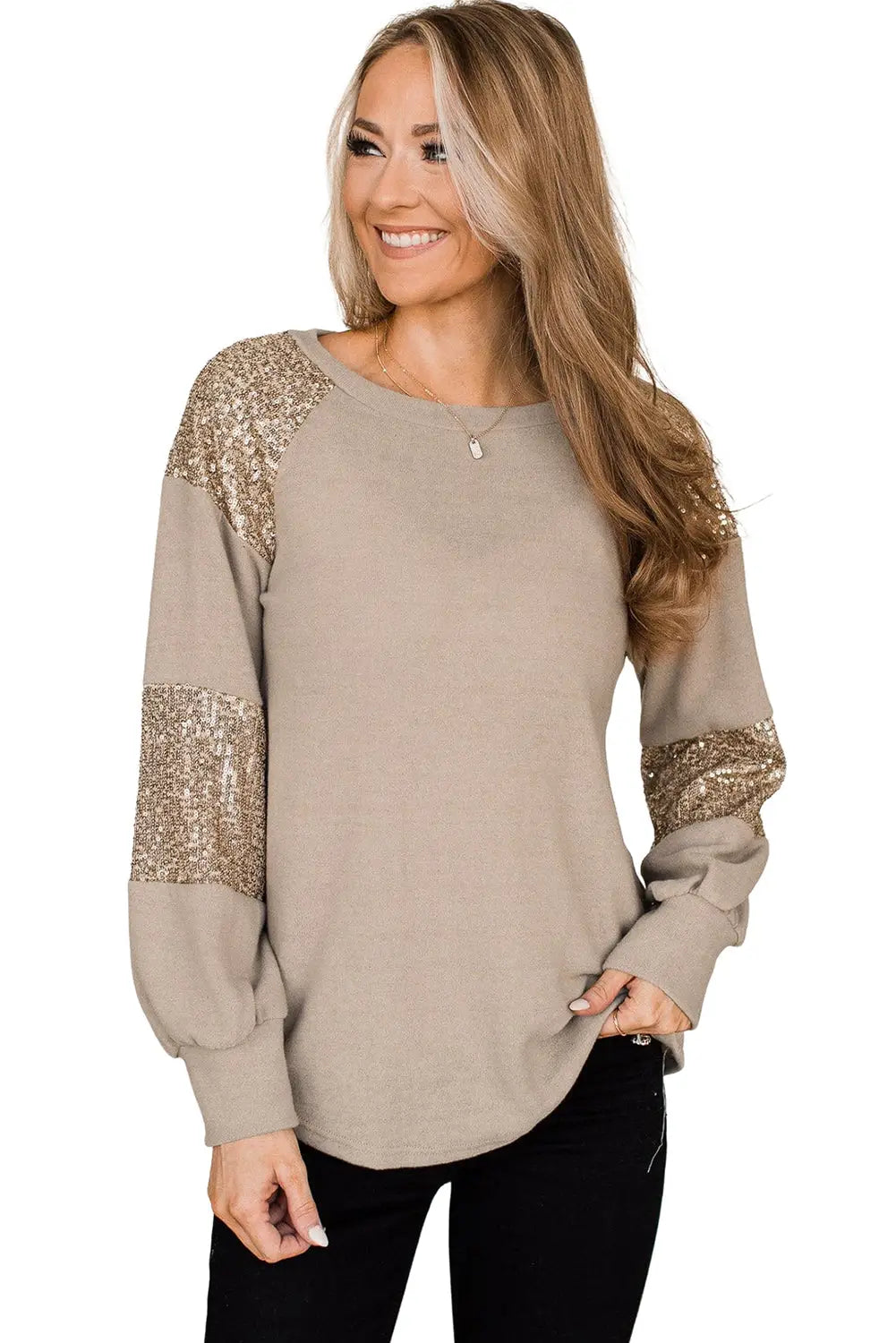 Flaxen sequin patched long sleeve top - tops