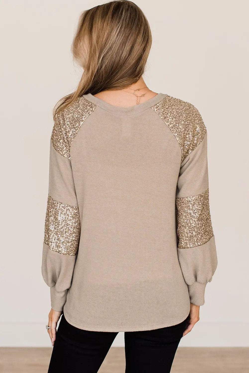 Flaxen sequin patched long sleeve top - tops