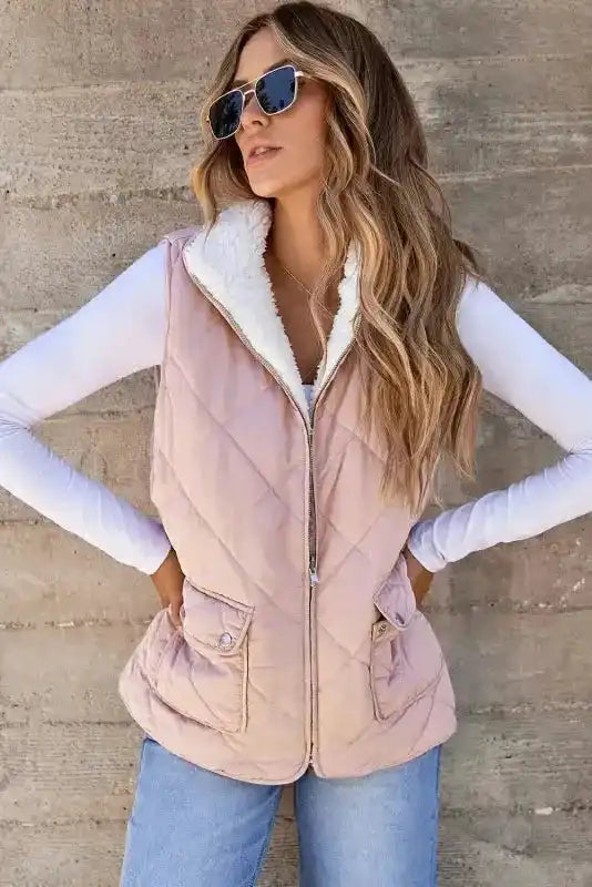 Casual winter outfit featuring FashionFitz Women's Fleece Lined Quilted Vest Winter Gilet in pink with diamond quilting and cozy fleece interior.