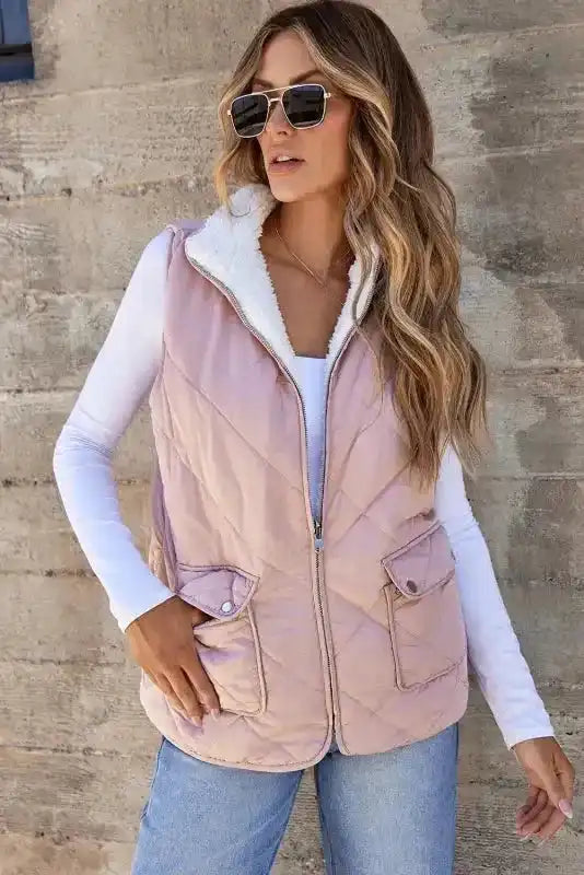 Pink Women's Fleece Lined Quilted Vest Winter Gilet by FashionFitz, styled with white long sleeve top and jeans for a casual winter look.