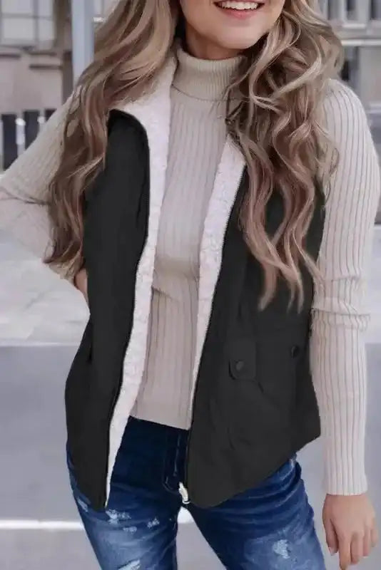 Black Women's Fleece Lined Quilted Vest Winter Gilet by FashionFitz, styled with ribbed turtleneck and jeans for a cozy winter look.