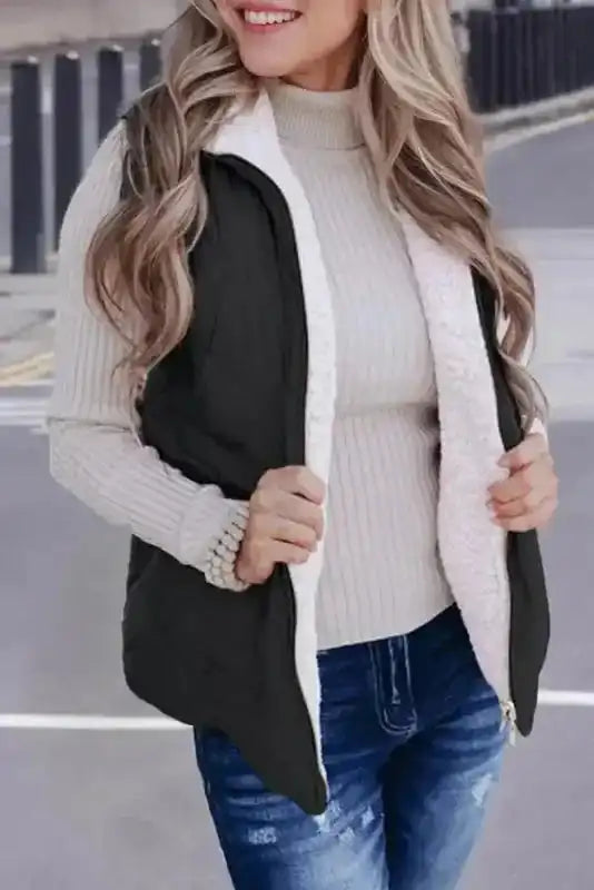 FashionFitz Women's Fleece Lined Quilted Vest Winter Gilet in black, open to reveal plush white fleece lining, styled with casual winter outfit.