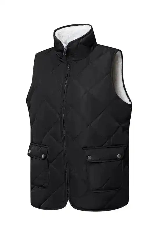 Studio image of black Women's Fleece Lined Quilted Vest Winter Gilet by FashionFitz, featuring front zipper, flap pockets, and high collar.
