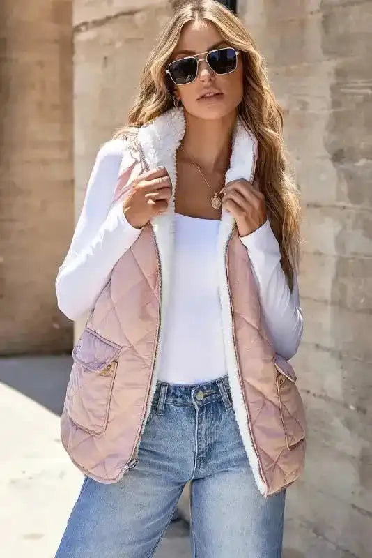 FashionFitz Women's Fleece Lined Quilted Vest Winter Gilet in pink, featuring cozy sherpa lining and diamond quilted pattern for daily winter style.