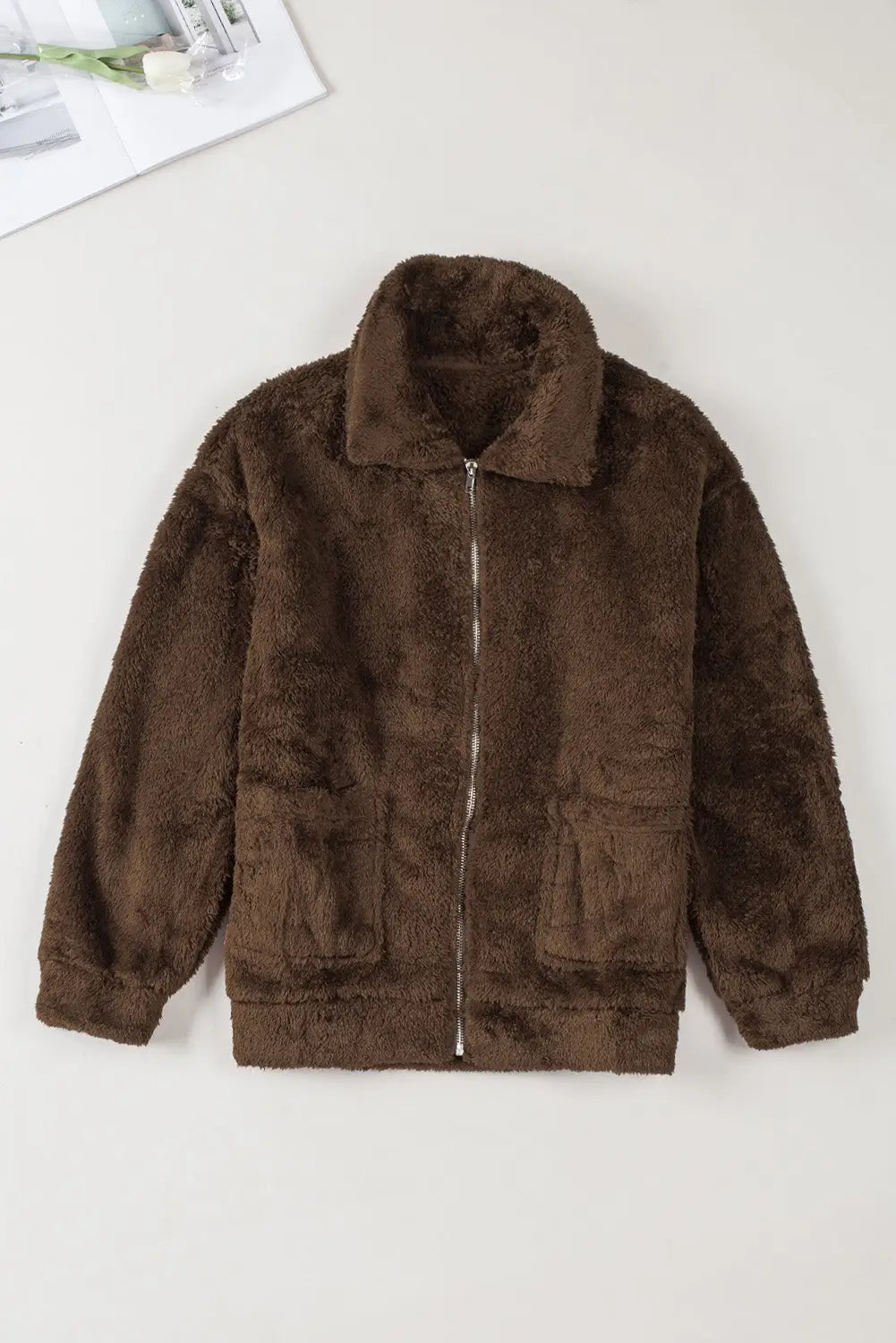 Fleece zipper up casual pocketed coat - outerwear