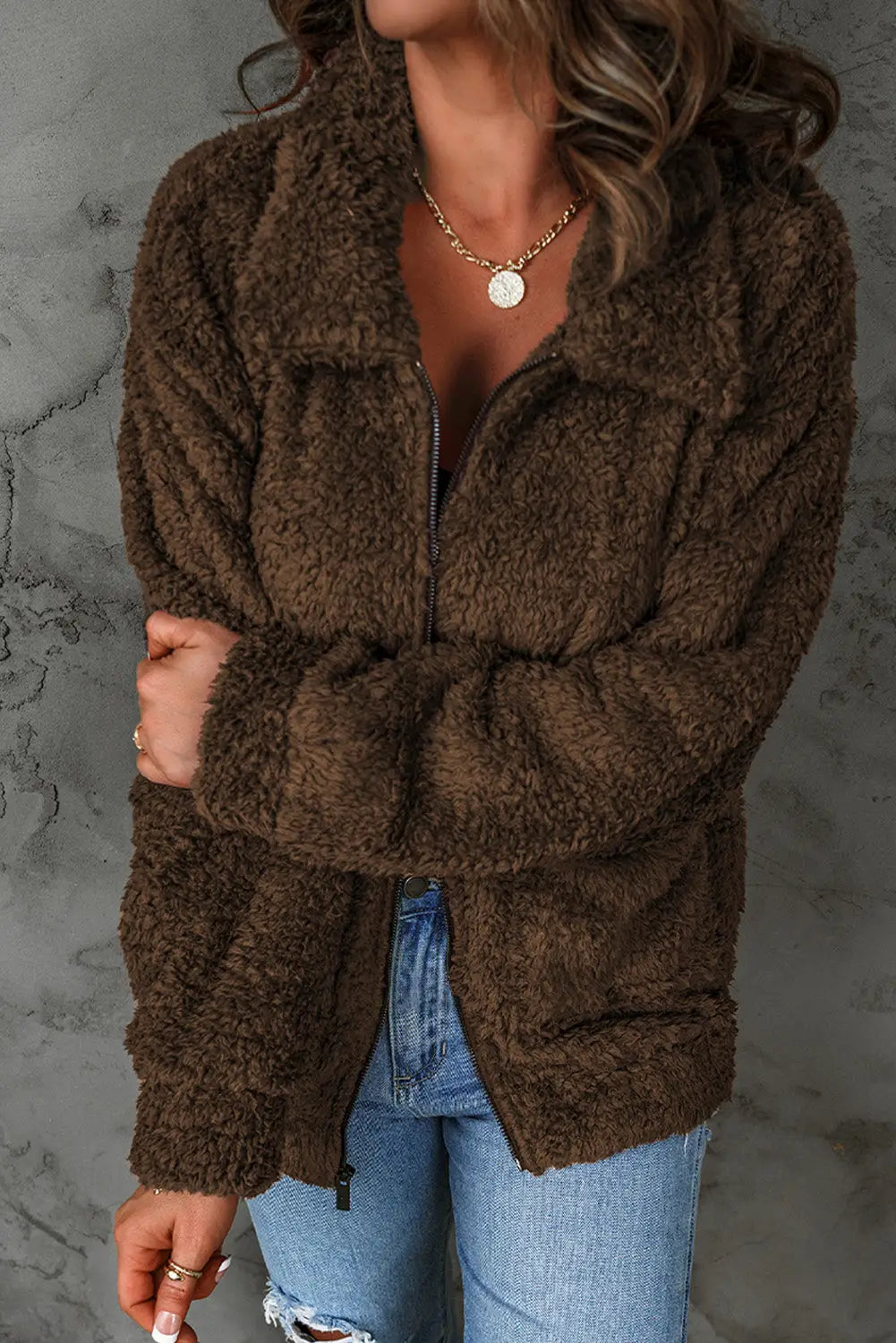 Fleece zipper up casual pocketed coat - outerwear