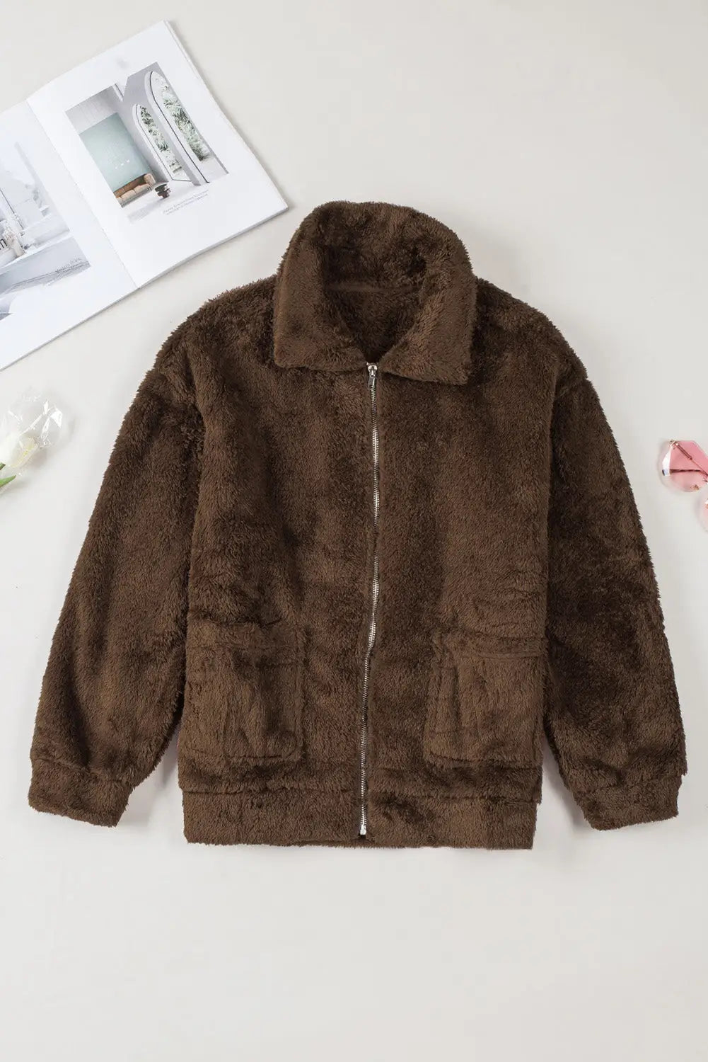 Fleece zipper up casual pocketed coat - coats