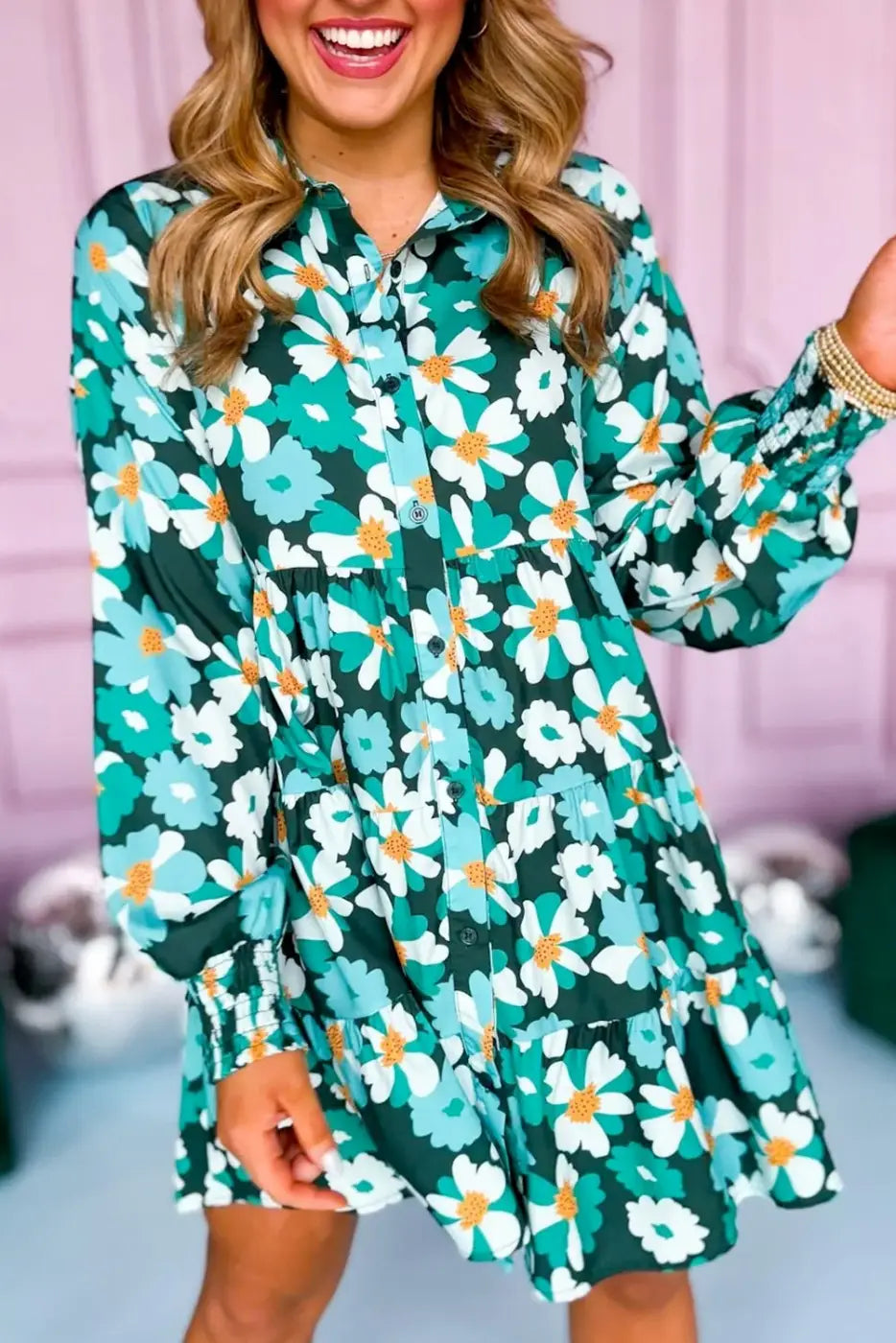 Fleur chic frolic shirt dress - blackish green / s / 100% polyester - floral dresses