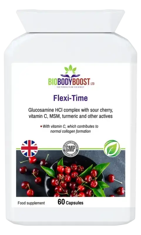 Flexi-Time Glucosamine HCL Complex — glucosamine with chondroitin, MSM and herbal blend for flexible joints, 90 vegan capsules, BioBodyBoost UK