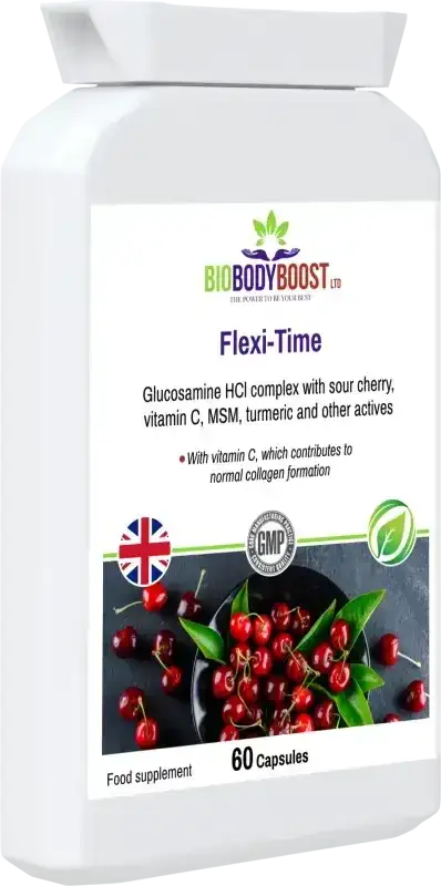 Flexi-Time front-angle highlighting glucosamine HCL and chondroitin complex for daily joint support and mobility