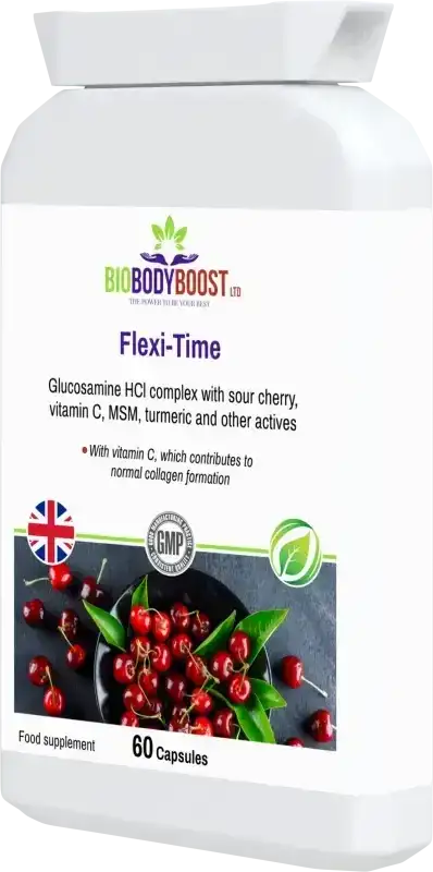 Flexi-Time Glucosamine Complex angled view — joint flexibility and comfort supplement, BioBodyBoost UK