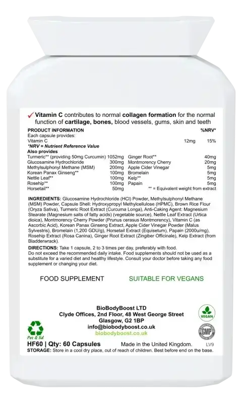 Back label of Flexi-Time showing glucosamine HCL, chondroitin and MSM joint support ingredients with dosage guide