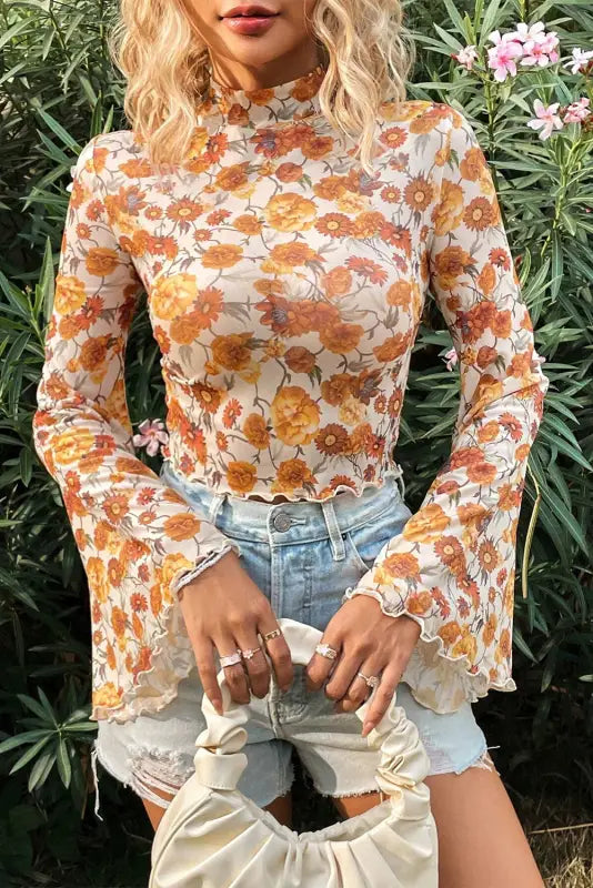 Flora charm bell sleeve crop top