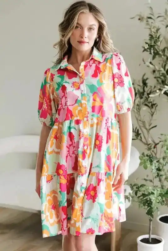 Floral Babydoll Dress - Puff Sleeve Collar Buttoned - Fashionfitz