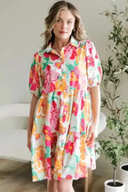 Floral Babydoll Dress - Puff Sleeve Collar Buttoned - Fashionfitz