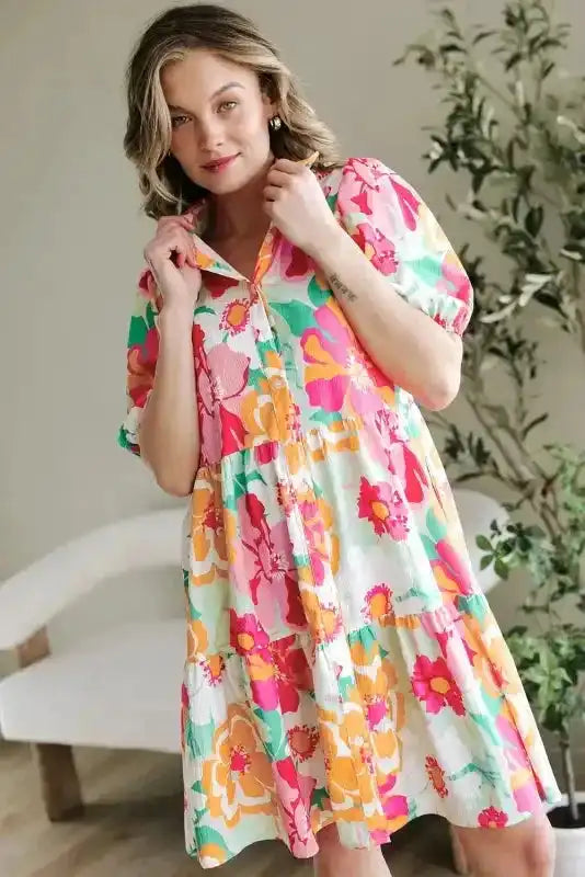 Floral Babydoll Dress - Puff Sleeve Collar Buttoned - Fashionfitz