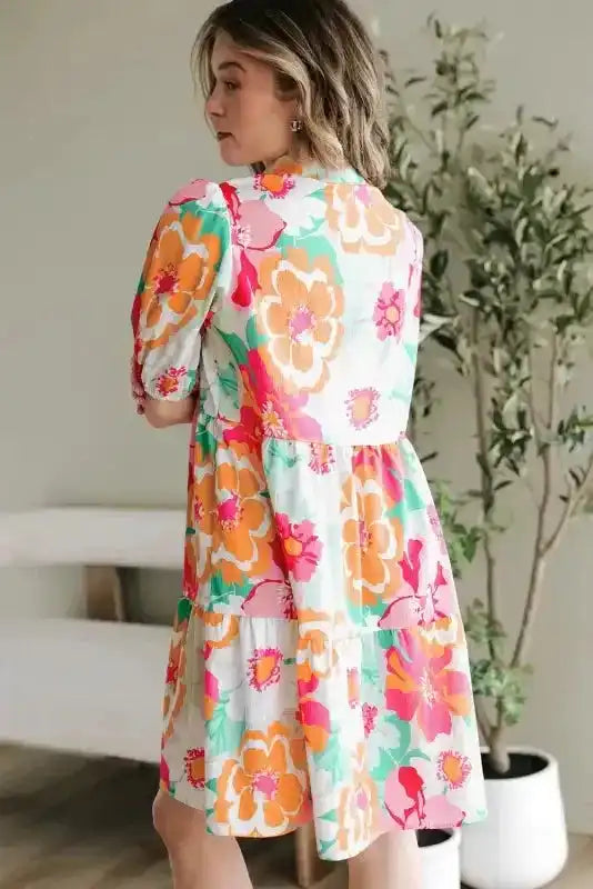 Floral Babydoll Dress - Puff Sleeve Collar Buttoned - Fashionfitz