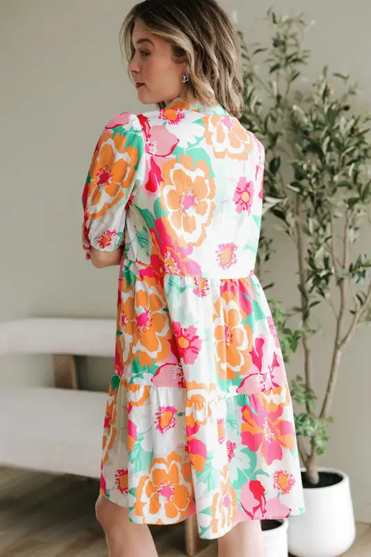 Floral babydoll dress with puff sleeve collar buttoned