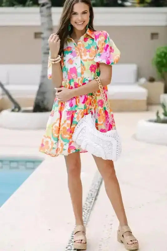 Floral Babydoll Dress - Puff Sleeve Collar Buttoned - Fashionfitz