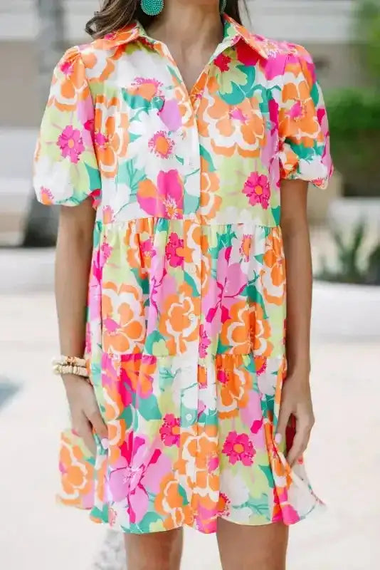 Floral Babydoll Dress - Puff Sleeve Collar Buttoned - Fashionfitz