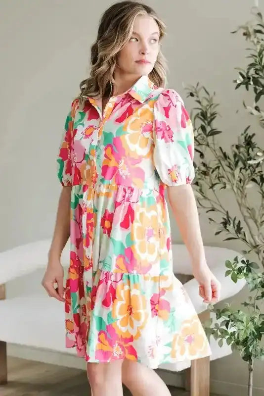 Floral Babydoll Dress - Puff Sleeve Collar Buttoned - Fashionfitz