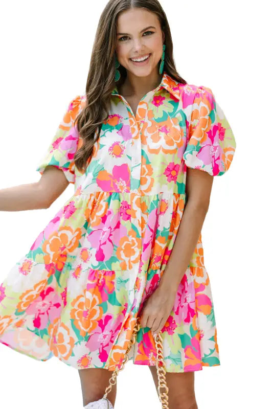 Floral babydoll dress - puff sleeve collar buttoned - dresses