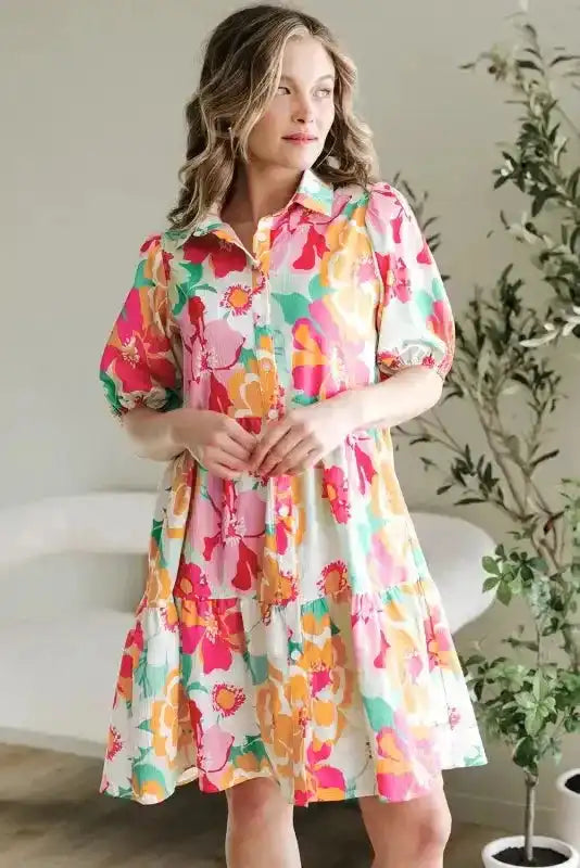 Floral Babydoll Dress - Puff Sleeve Collar Buttoned - Fashionfitz