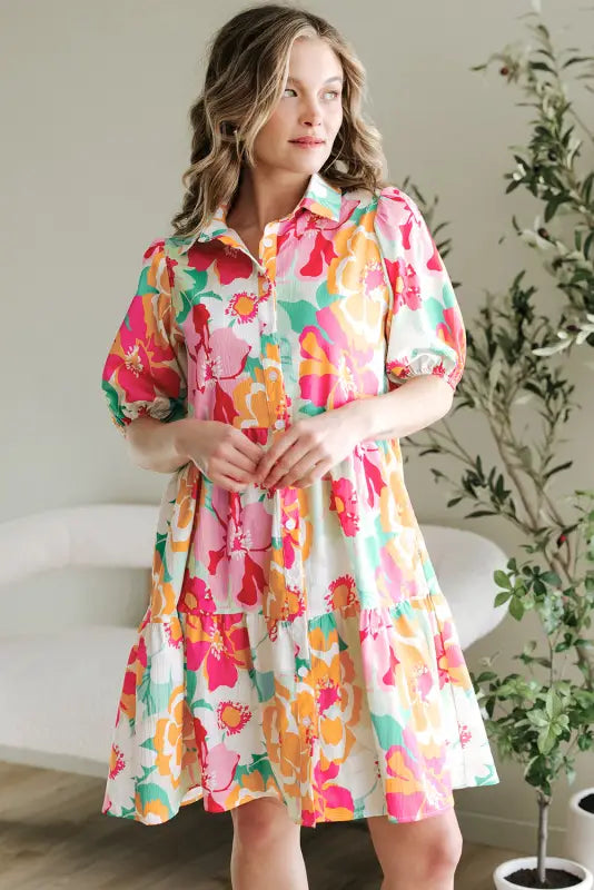 Floral babydoll dress with puff sleeve collar buttoned