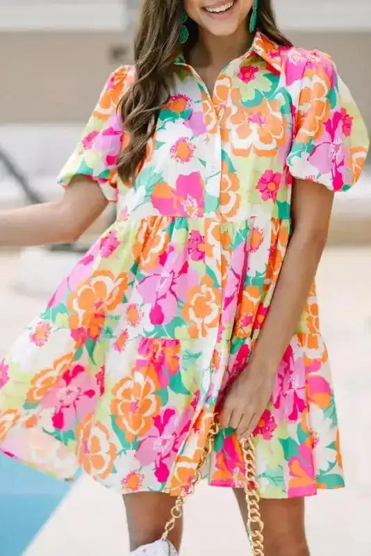 Floral Babydoll Dress - Puff Sleeve Collar Buttoned - Fashionfitz