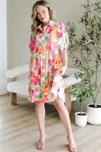 Floral Babydoll Dress - Puff Sleeve Collar Buttoned - Fashionfitz