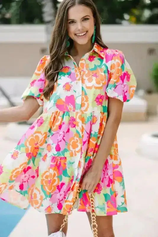 Floral Babydoll Dress - Puff Sleeve Collar Buttoned - Fashionfitz