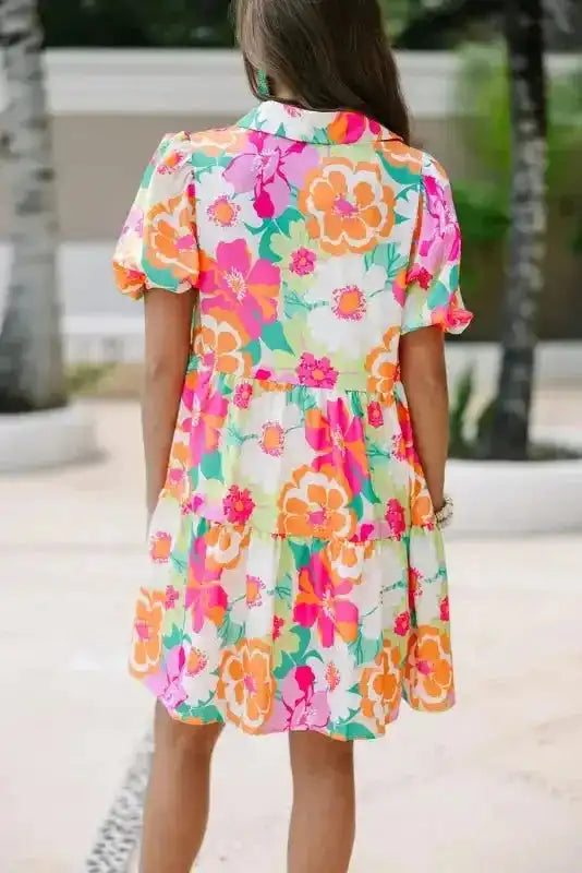 Floral Babydoll Dress - Puff Sleeve Collar Buttoned - Fashionfitz