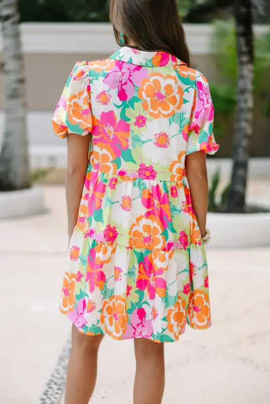 Floral babydoll dress with puff sleeve collar buttoned