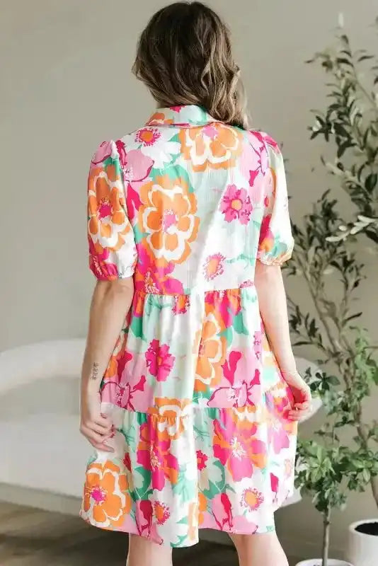 Floral Babydoll Dress - Puff Sleeve Collar Buttoned - Fashionfitz