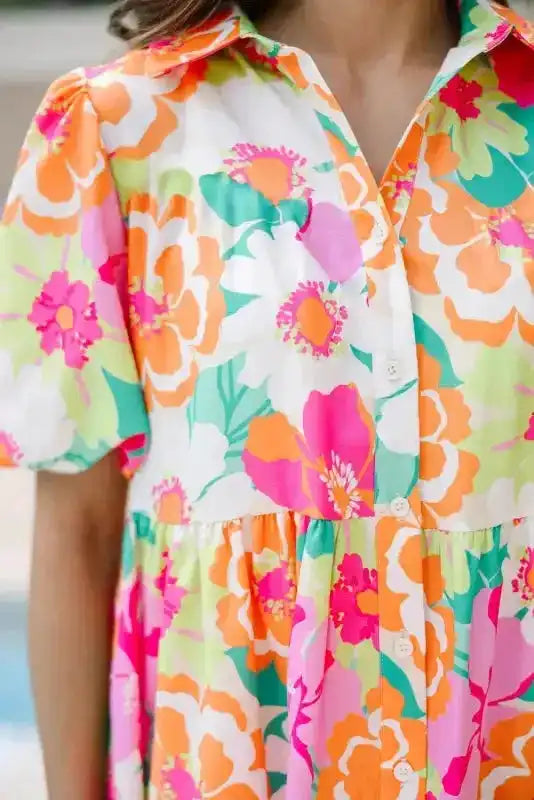 Floral Babydoll Dress - Puff Sleeve Collar Buttoned - Fashionfitz