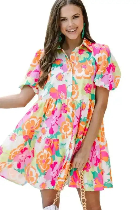 Floral Babydoll Dress - Puff Sleeve Collar Buttoned - Fashionfitz