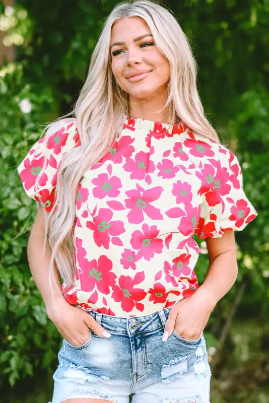 Floral blouse - beige puff sleeve | fashionfitz