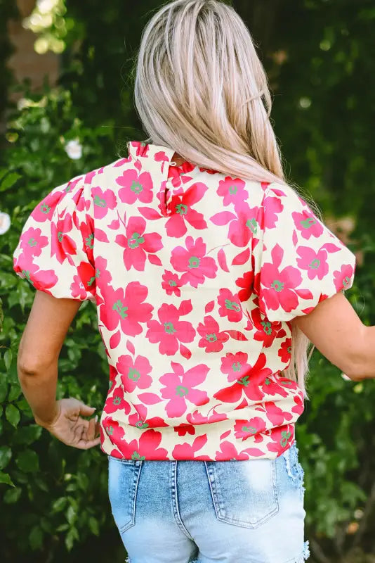 Floral blouse - beige puff sleeve | fashionfitz