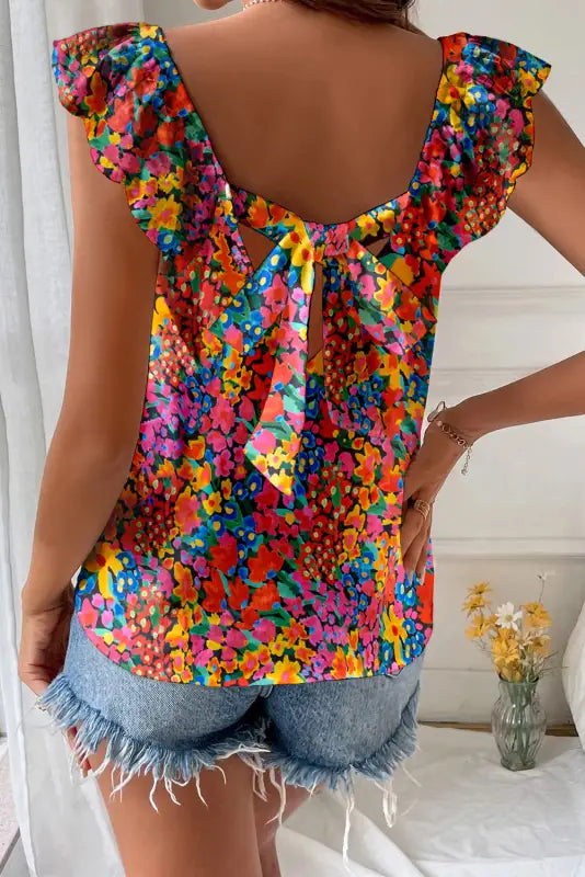 Floral blouse - cap sleeve square neck back knot - blouses