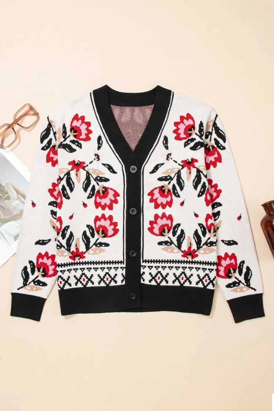 Casual knitwear outfit featuring floral button cardigan and neutral basics