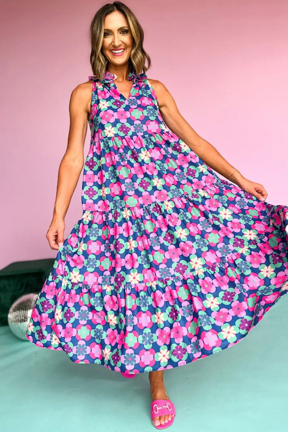 Floral cascade summer dress: colorful floral-print sleeveless maxi dress with tiered skirt