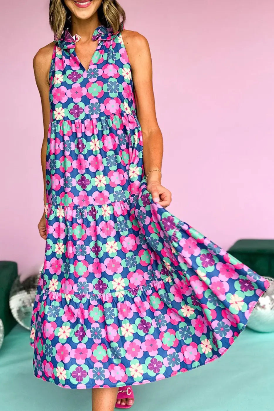 Floral cascade summer dress - colorful floral print sleeveless maxi with tiered skirt & v-neck