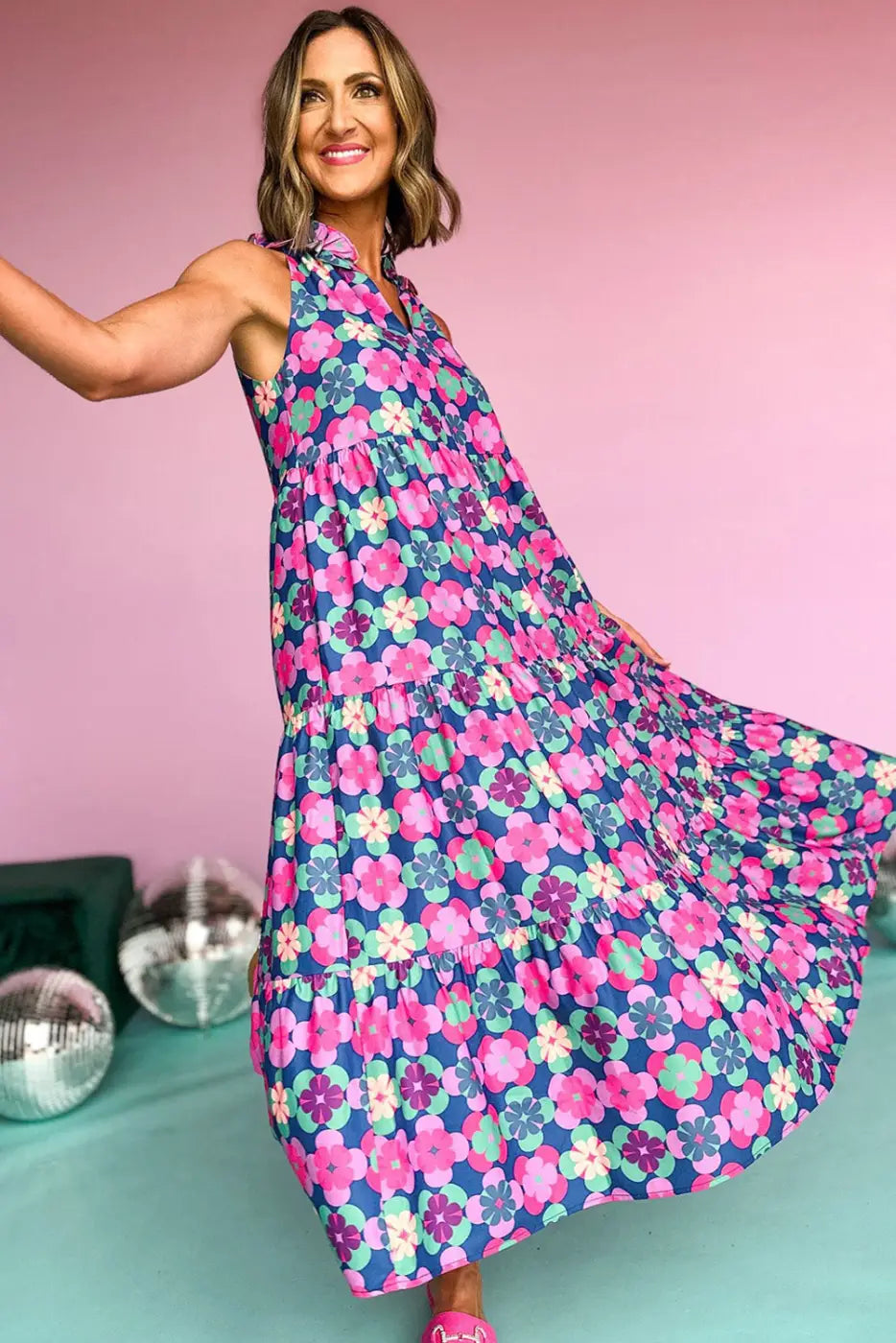 Floral cascade summer dress: colorful maxi with halter neckline and flowing skirt