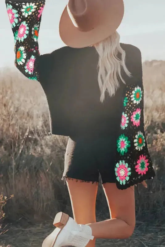 Floral Crochet Bell Sleeve Loose Sweater - Fashionfitz