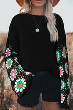 Floral Crochet Bell Sleeve Loose Sweater - Fashionfitz