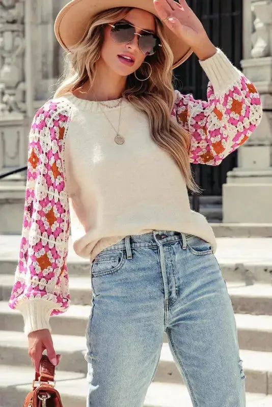 Floral Crochet Bell Sleeve Loose Sweater - Fashionfitz