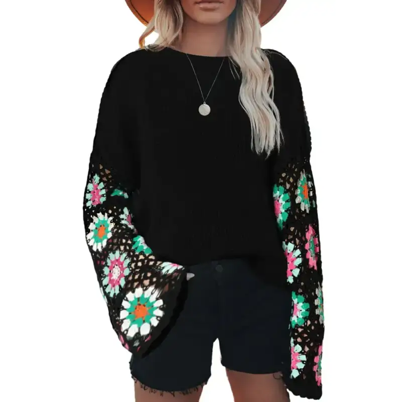 Black floral crochet bell sleeve loose sweater - sweaters & cardigans