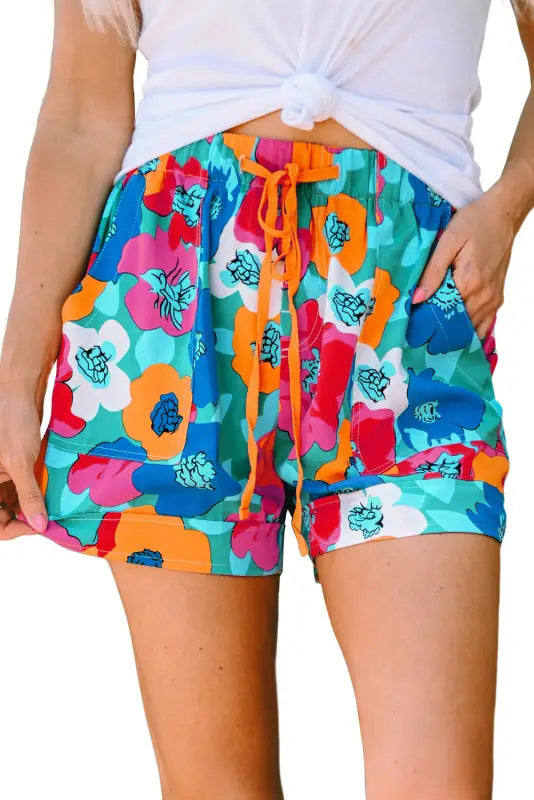 Floral elastic waist casual shorts